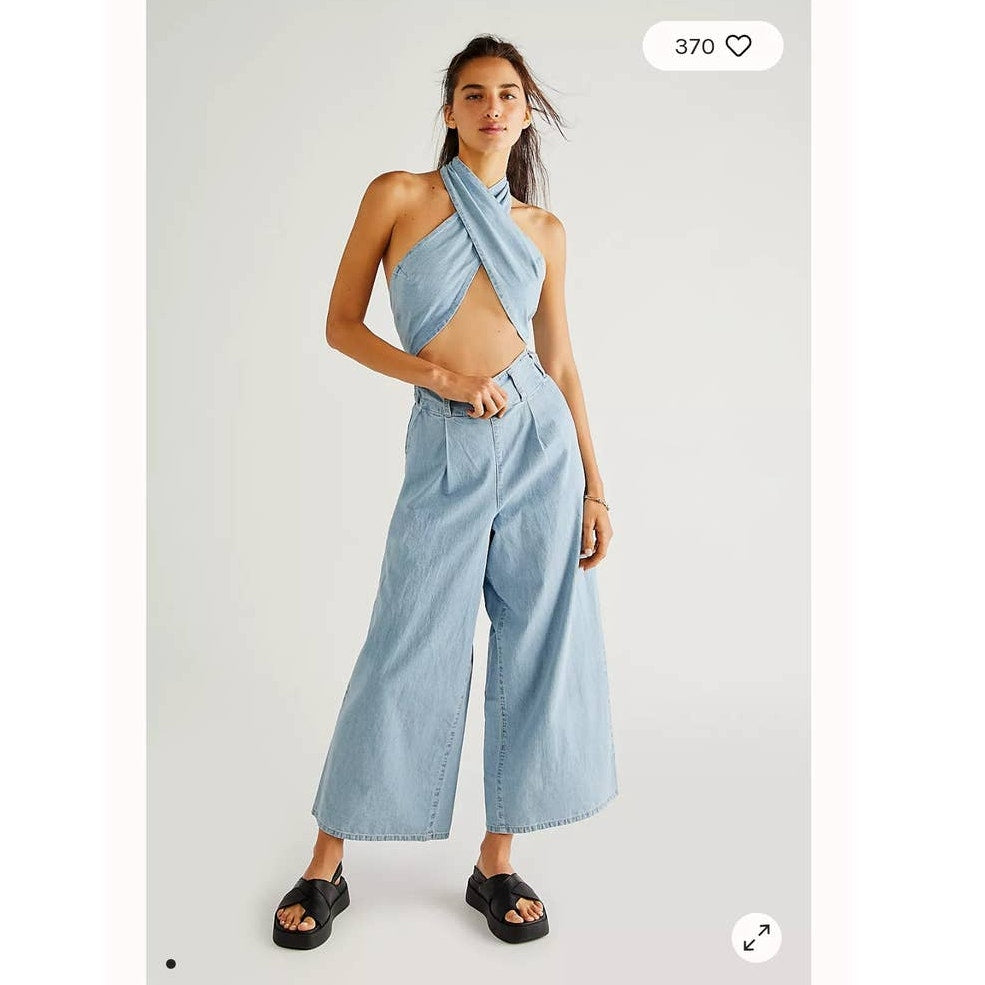 New Free People Sasha Convertible Wide-Leg Jeans WTF $178 LARGE Light Blue