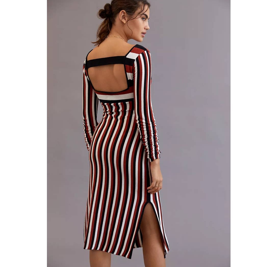 New Anthropologie Maeve Striped Sweater Midi Dress $148 X-SMALL Brown Motif