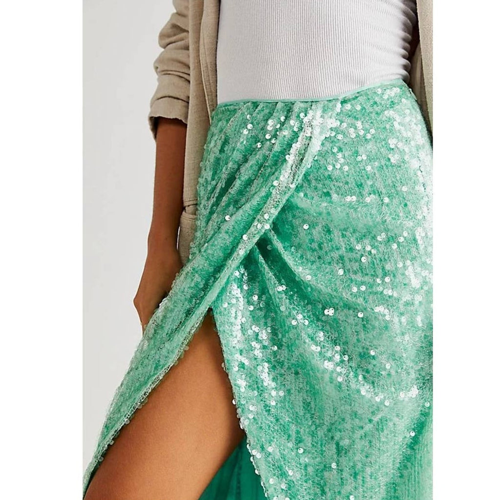 New Free People Poets Sequin Sarong Skirt $228 SIZE 4 Green