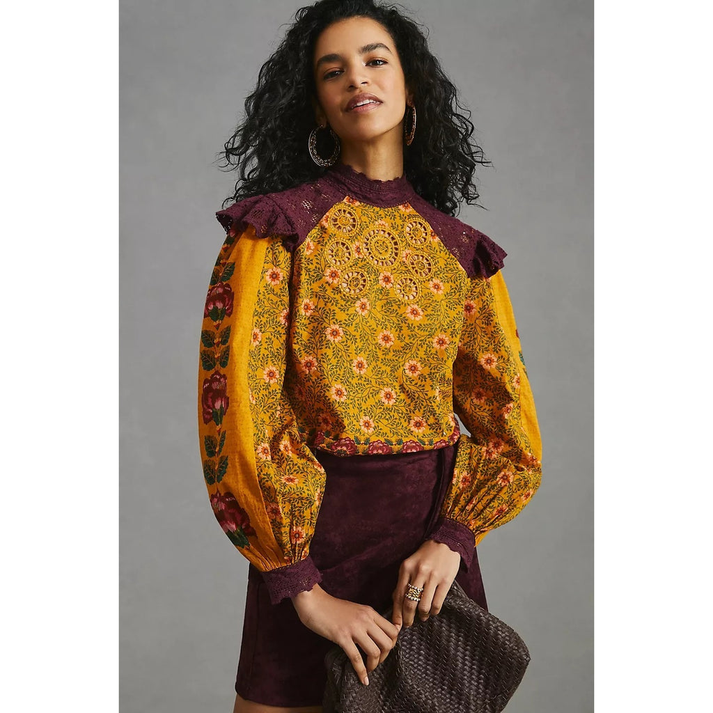 Anthropologie Ruffled Floral Long Sleeve Blouse