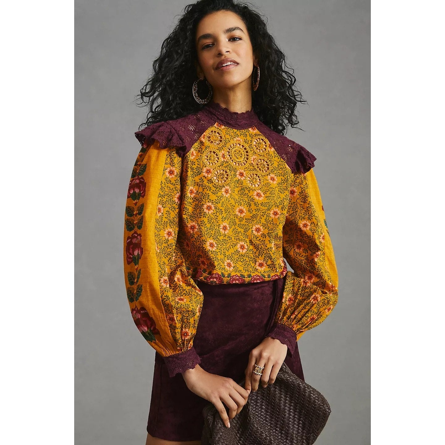 Anthropologie Ruffled Floral Long Sleeve Blouse