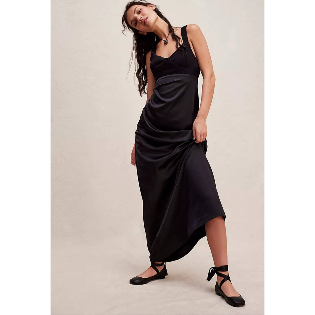 New Free People Gia Maxi Dress $250 Size 8 Black Bustier Silky Slip Gown