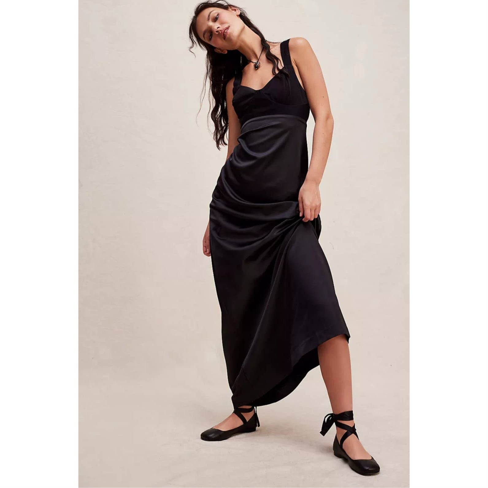 New Free People Gia Maxi Dress $250 Size 8 Black Bustier Silky Slip Gown