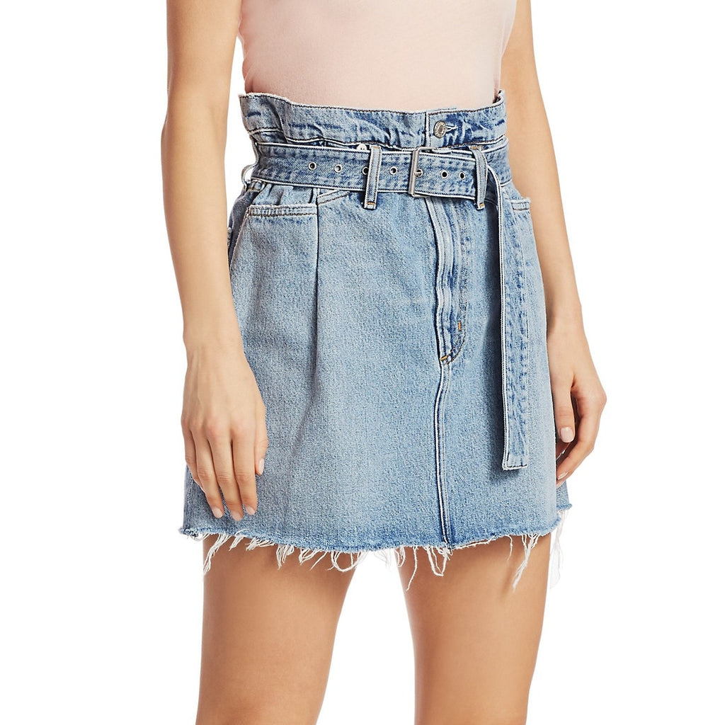 New Anthropologie x Agolde '90s Slim Belted Denim Mini Skirt $188 Sz 25 Raw Hem