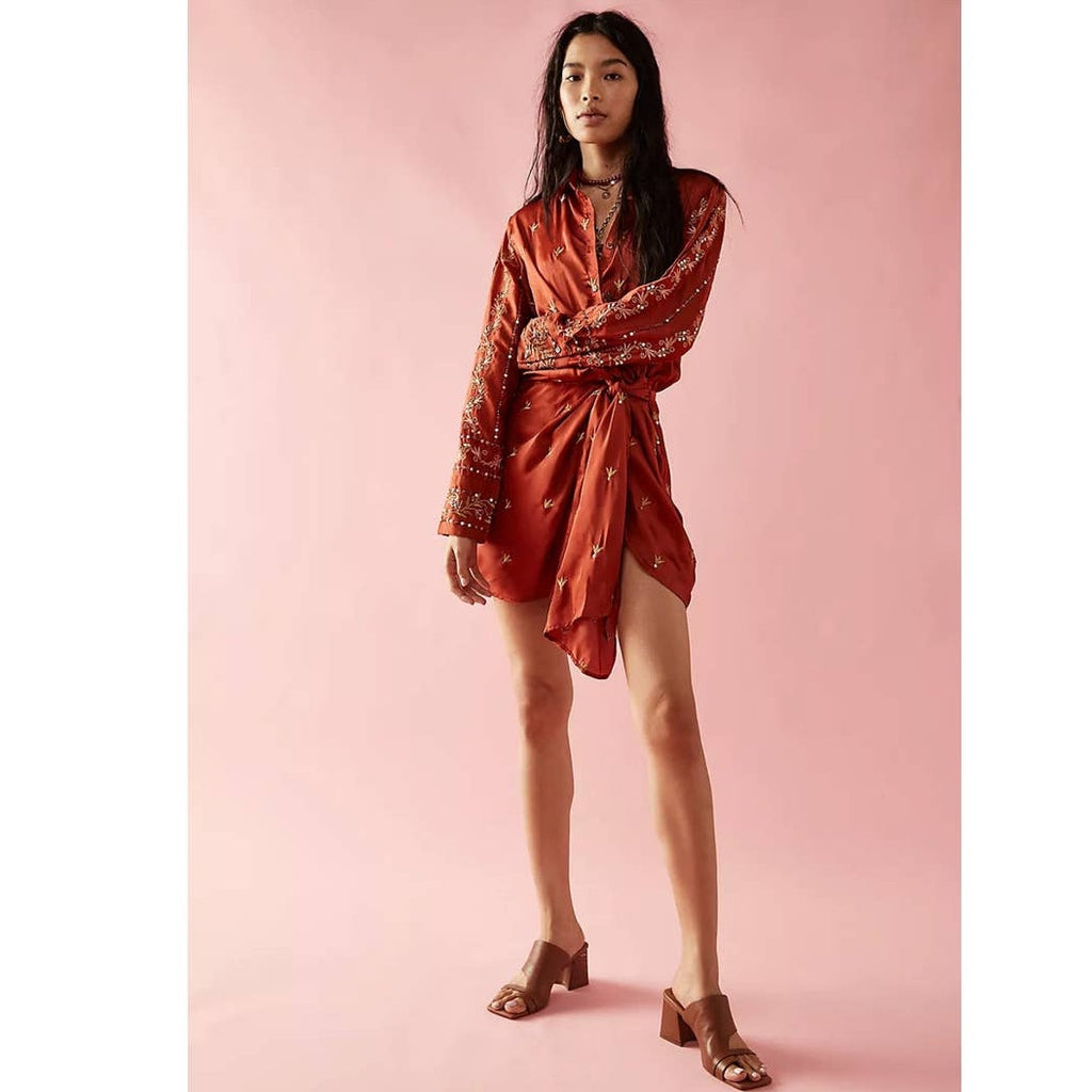New FREE PEOPLE Breakdown Mini Wrap Dress $378 SIZE 2 Rust Embroidered Sequins
