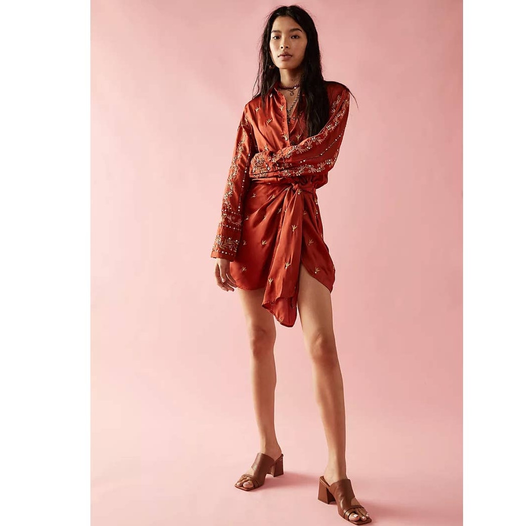 New FREE PEOPLE Breakdown Mini Wrap Dress $378 SIZE 2 Rust Embroidered Sequins