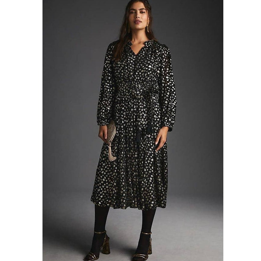 New Anthropologie Mille V-Neck Lurex Midi Dress $498 XXS Black & Metallic Gold